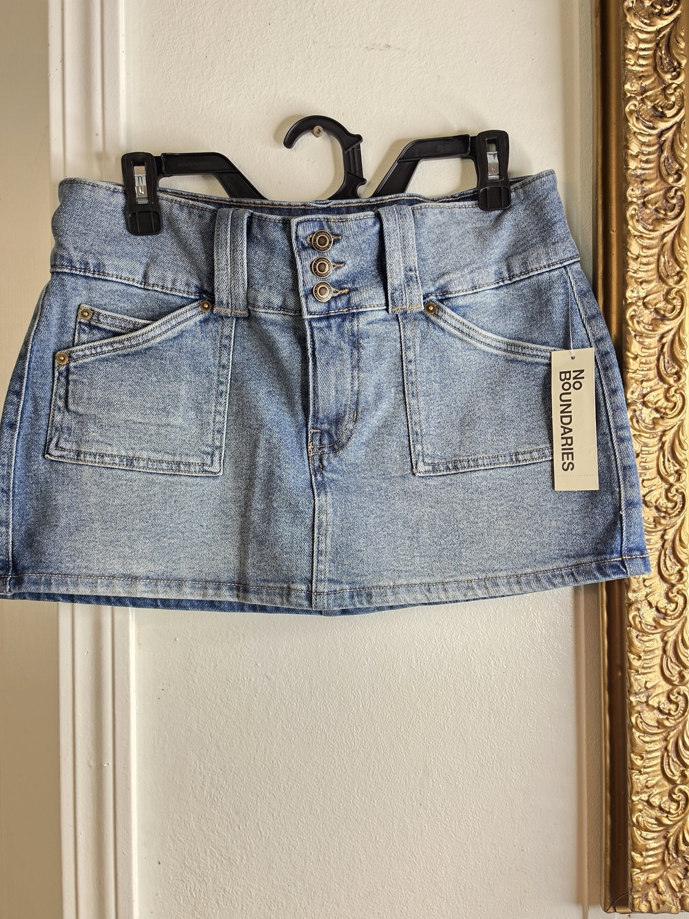 No Boundaries Light Blue Denim Mini Skirt with Triple-Button Waist
